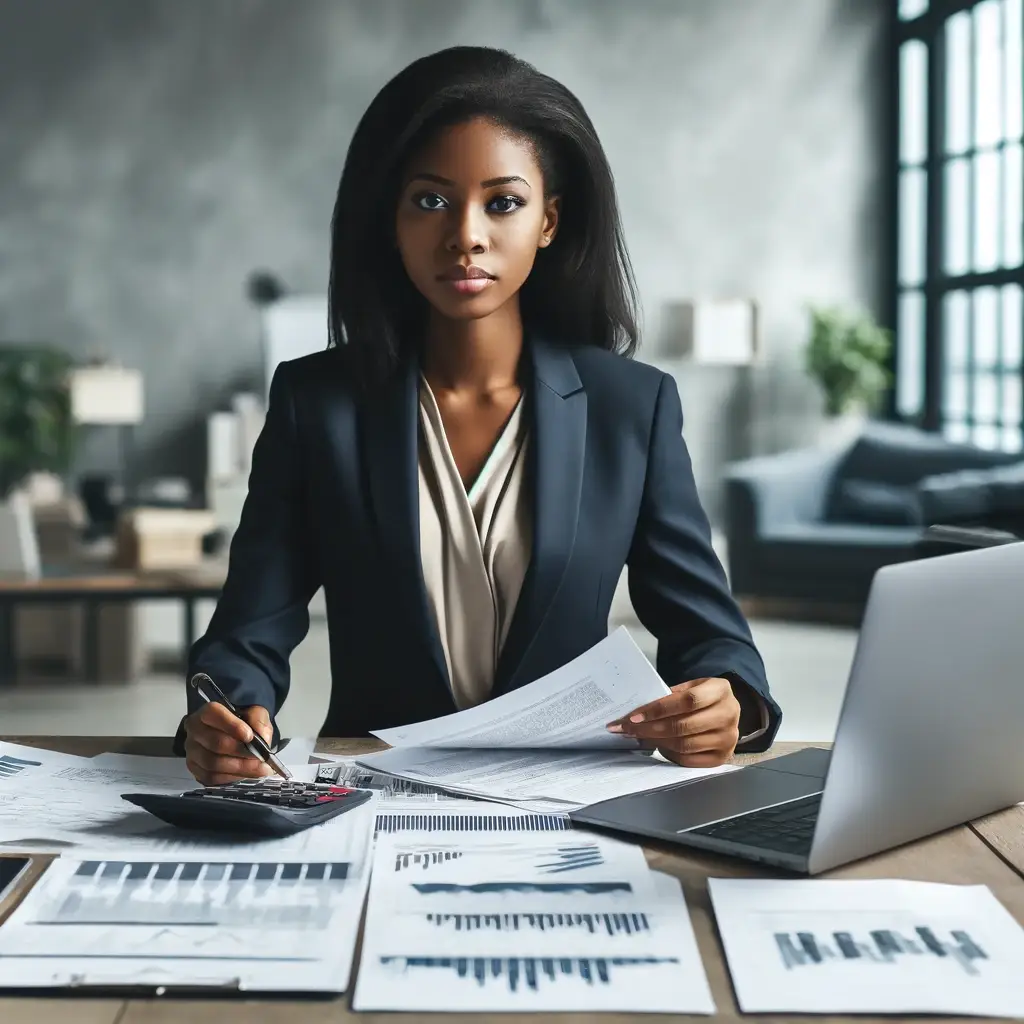 Black woman CPA or auditor reviewing financial documents on a laptop with spreadsheets and charts, symbolizing audit preparation in a professional office setting